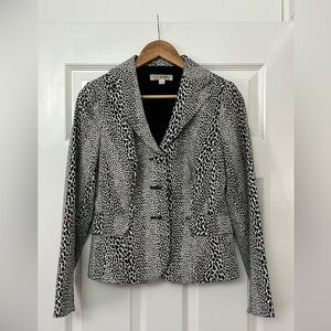 Flattering Kay Unger black and white leopard print three button blazer.  Sz. 6.